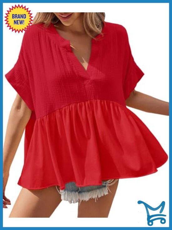 Tops - Womens Peplum Babydoll Top Summer Short Sleeve Pleated Flowy V Neck Blouse